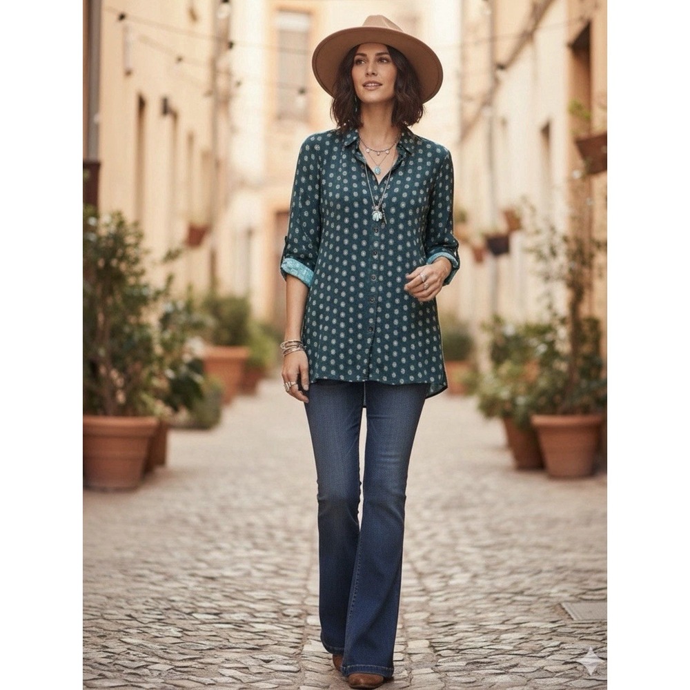 Maeve Anthropologie Womens M Green Floral Monika Button Front Tunic Blouse